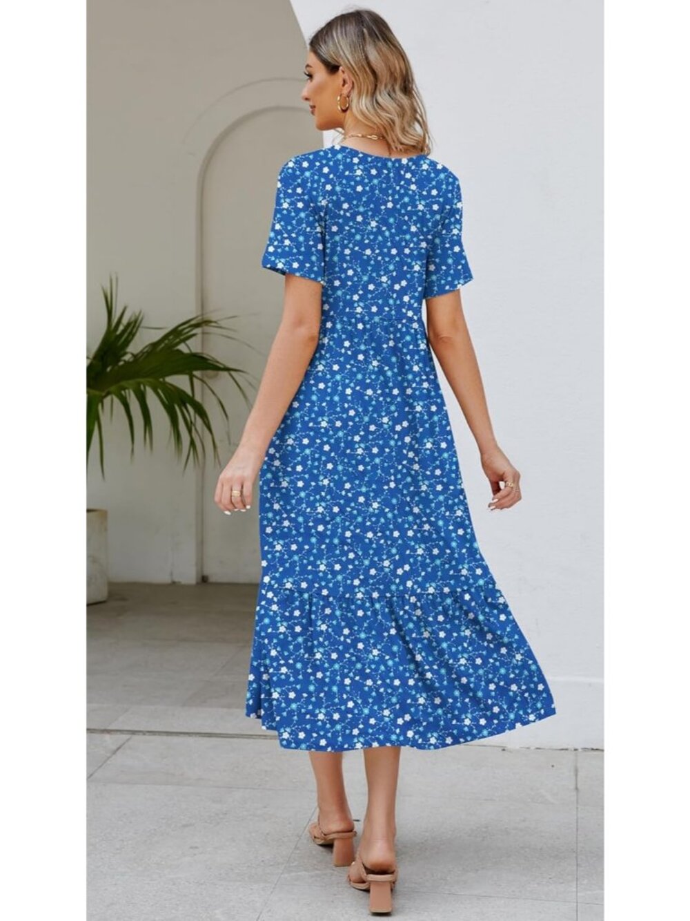 Women's Print Navy  Sundress Short Sleeve Tiered Beach with Pockets Maxi Dress - Picture 4 of 5